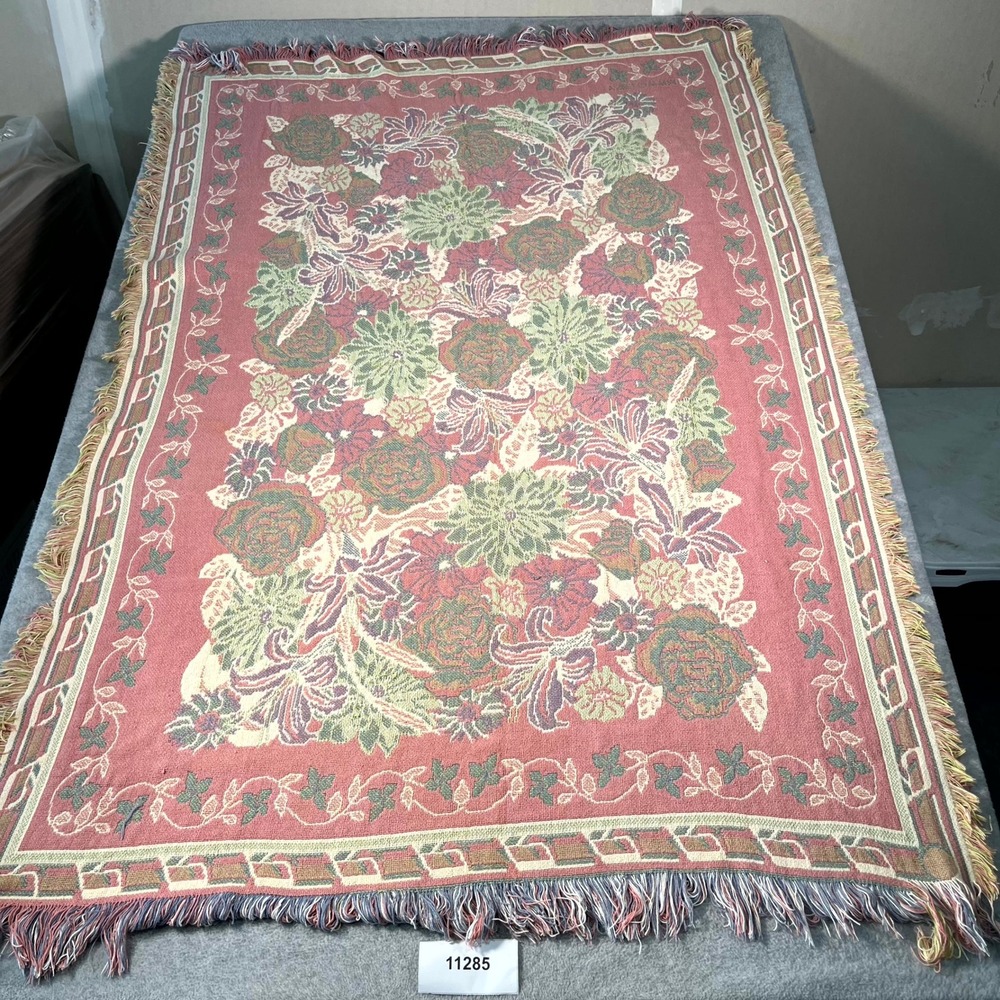 Vintage Rug Blanket Pink Green Floral Print Fringe Trim Accent Knitted Casual